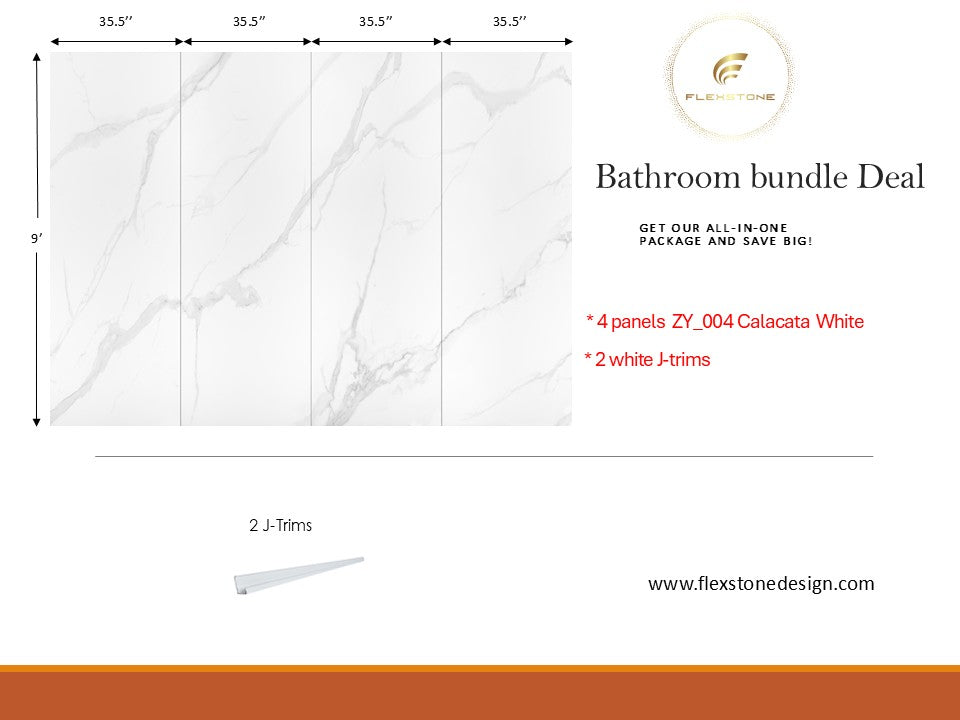 Calacata White Shower Wall Panel Bundle – 4 Panels + 2 J-Trims | Flexstone WPC 35.5" × 9' × 5/16"